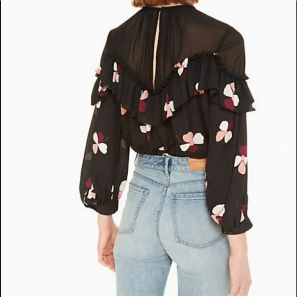 NWOT Kate Spade Black Floral Glitzy Ritzy Dusk Buds Ruffle Top Size M $228
